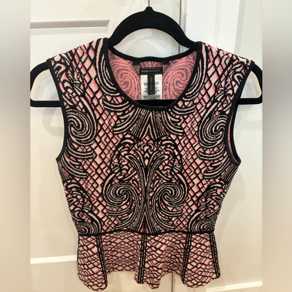 BCBG MAXAZRIA Peplum Top In Black and Pink Size Small